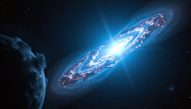 Cosmic spiral galaxy shining brightly against dark space backdrop
