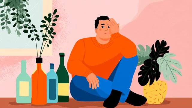Man resting with plants bottles in cozy setting