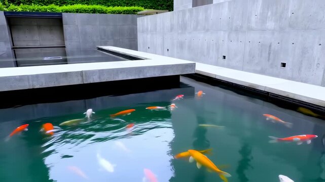 A modern concrete structure surrounds a tranquil pond filled with colorful koi fish