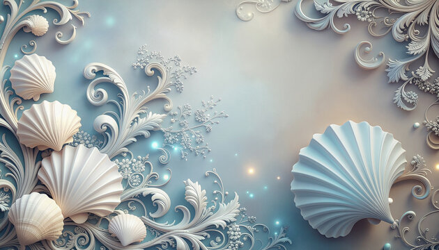 ornate shell and floral scroll design + 3d embossed + blue decorative background