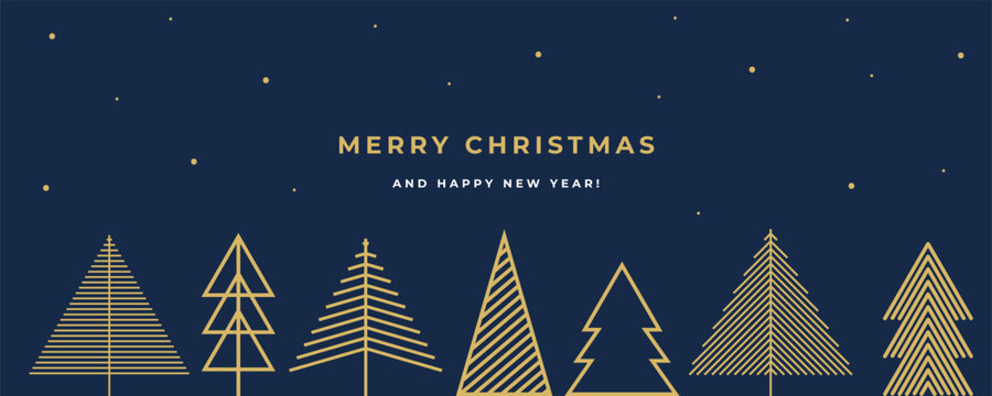 Merry Christmas and Happy New Year Luxury greeting banner in modern minimal geometric style with gold Christmas trees. Trendy Xmas holiday background, poster, greeting card