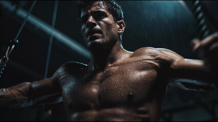 A shirtless bodybuilder engages in an intense workout in a dimly lit gym. The powerful atmosphere highlights his determination and muscle definition Generative AI