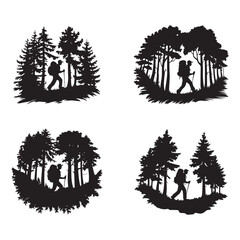 Fototapeta premium Set of hiker silhouettes walking through evergreen pine forest landscape