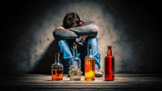 Struggling with addiction bottles on dark floor