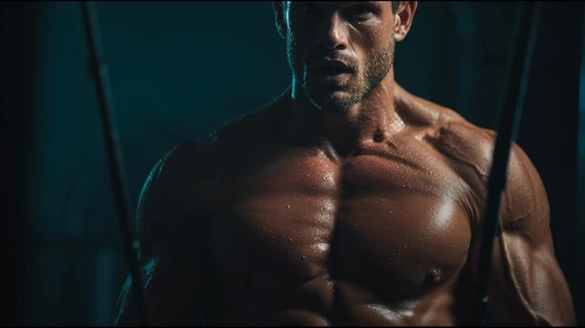 A man trains shirtless in a dark gym, focusing on muscle building with cable machines. He demonstrates his strength and commitment to fitness through each rep Generative AI
