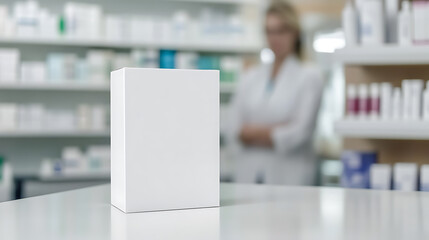 Medication box at pharmacy checkout with pharmacist background. Focus is on the box, representing health products available at the store.