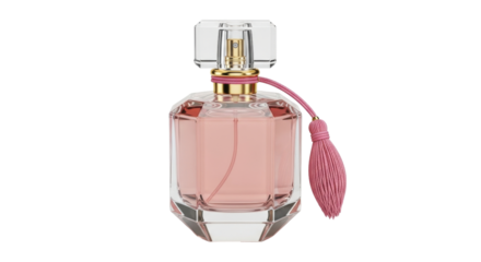 Isolated bottle of pink perfume, with a clear square lid and a decorative tassel on the side