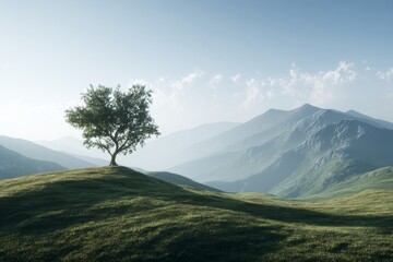 Fototapeta premium A solitary tree stands sentinel on a grassy hilltop, overlooking a misty mountain range bathed in morning light.