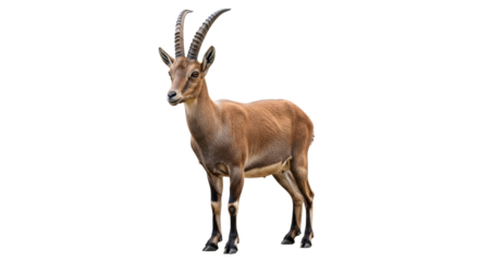 Isolated Ibex standing alert, gazing at the viewer in a captivating wildlife portrait