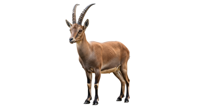 Isolated Ibex standing alert, gazing at the viewer in a captivating wildlife portrait