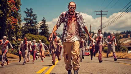 Zombie apocalypse in suburban street scene