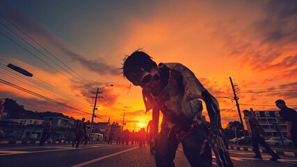 Zombie silhouette at sunset on urban street