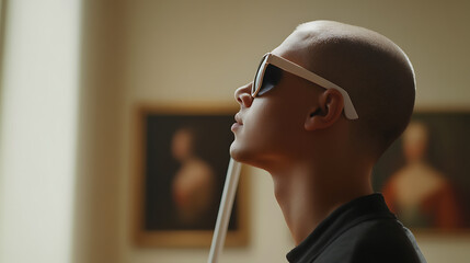 Vision-impaired person exploring art with a cane and sunglasses. Focusing on accessibility and cultural experience with background paintings.