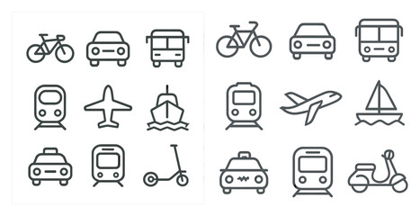 Transportation and travel outline icons set &ndash; linear, silhouette, commuting symbols