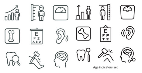 Age indicators outline icons set – health, measurement, growth warning symbols