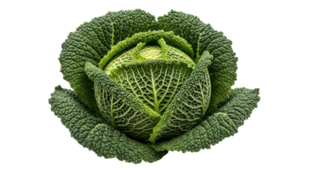 Isolated textured whole Savoy cabbage head vegetable with crinkled green leaves still life