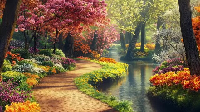A winding path through a blooming spring garden alongside a calm, reflective river
