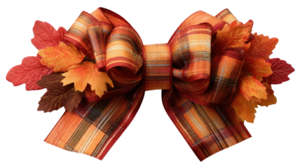 Autumn plaid ribbon bow with decorative fall leaves in orange and brown seasonal colors isolated on white background