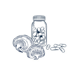 Reishi mushroom in capsules and dragees. Hand drawn vector illustration  in engraving style
