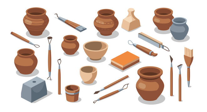 Ceramic pottery and tools in isometric design for craft enthusiasts and artists