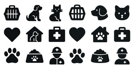 Pet care silhouette icons set – veterinary, heart, animal and shelter symbols