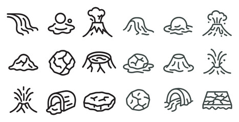 Volcano and eruption line icons set – outline, linear, geological disaster symbols