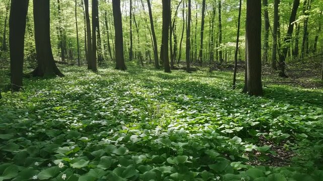 A sun-dappled forest floor carpeted with lush green plants and tiny white flowers