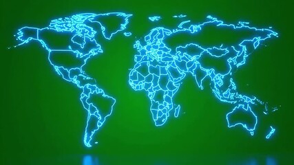 Bright neon outline of world map glowing on a vibrant green background, symbolizing global connection and information. - Powered by Adobe