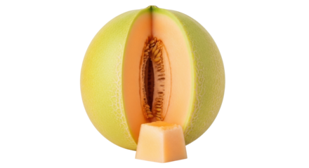 Isolated cantaloupe half with chunk missing, open center with seeds, ready to eat now, fruit
