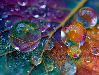 Close up view of spherical water droplets on vibrant autumn leaves showcasing intricate vein details and light refraction effects