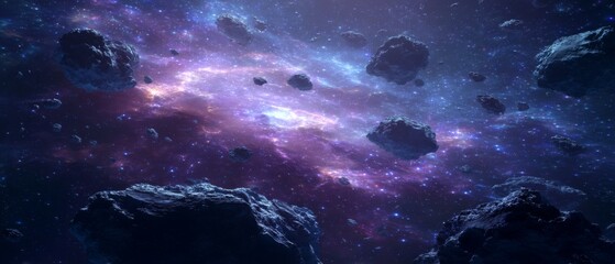 Stunning galactic scene featuring asteroids surrounded by vibrant nebula and distant stars in deep space atmosphere
