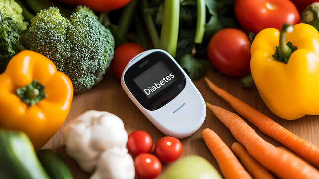 Healthy eating for diabetes management. Fresh vegetables surround a glucose meter, promoting well-being and balanced nutrition for blood sugar control. - Powered by Adobe