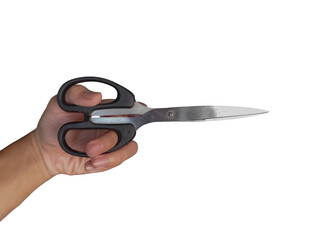 Hand holding a pair of metal scissors isolated on white background