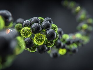 Abstract representation of molecular structure with glowing spheres and intricate patterns in green and black colors