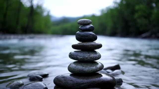 A stack of smooth stones balanced in a river, with green trees in the background