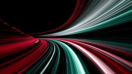 Abstract futuristic light speed tunnel with converging red and teal glowing streaks