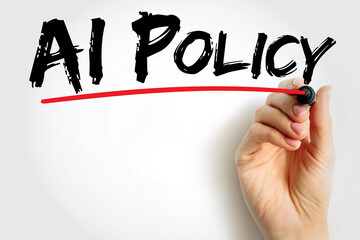 AI Policy phrase written with bold brush font and red underline drawn by hand. Concept for regulation, governance, strategy, and responsible artificial intelligence management