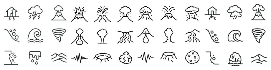 Natural disaster outline icons set &ndash; line, silhouette, emergency symbols