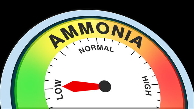 Ammonia low, concept illustration showing decreased ammonia levels on a meter. Ideal for medical, environmental, laboratory, or industrial visuals in charts, meters, or text formats