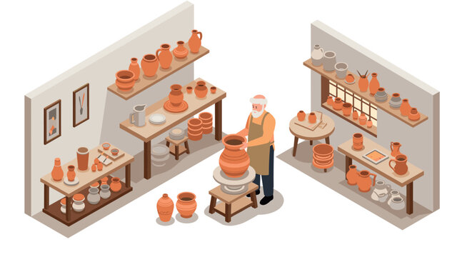 Isometric workshop with potter crafting clay vases in studio