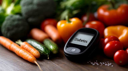Diabetes Meter & Fresh Produce:  A focus on healthy eating to help maintain blood sugar levels. Fresh vegetables symbolizing the management of health.
