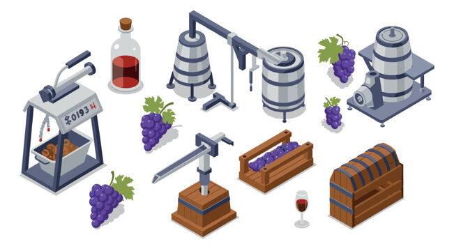 Isometric winery process wine production equipment and grapes
