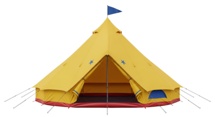 Isolated Yellow Tent for Outdoor Camping or Festival, Blue Flag on Top, Open Front, Staked Out