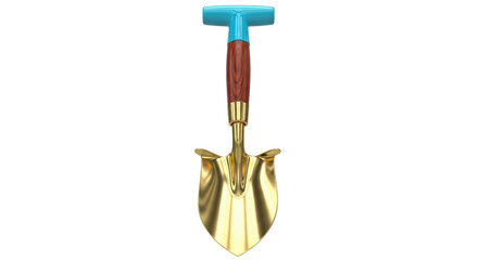 Isolated golden spade with a blue handle for gardening, home improvement and yardwork