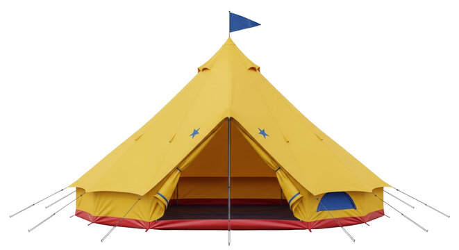 Isolated Yellow Tent for Outdoor Camping or Festival, Blue Flag on Top, Open Front, Staked Out