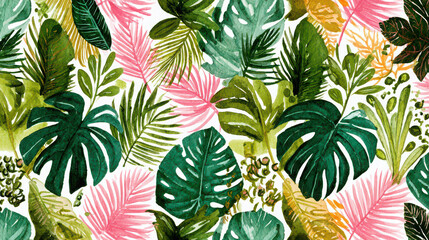 Tropical leaf pattern with green monstera, palm, and pink fern leaves, watercolor style, vibrant and fresh, perfect for summer, botanical and nature inspired design