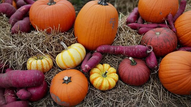 A colorful autumn arrangement featuring pumpkins and purple root vegetables nestled on straw