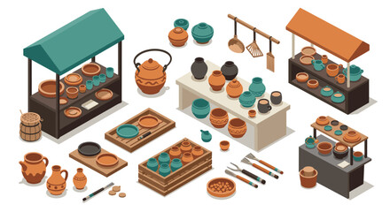 Isometric pottery market with ceramic dishes and traditional tools