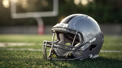 American football helmet resting on green grass field at sunset with lens flare.