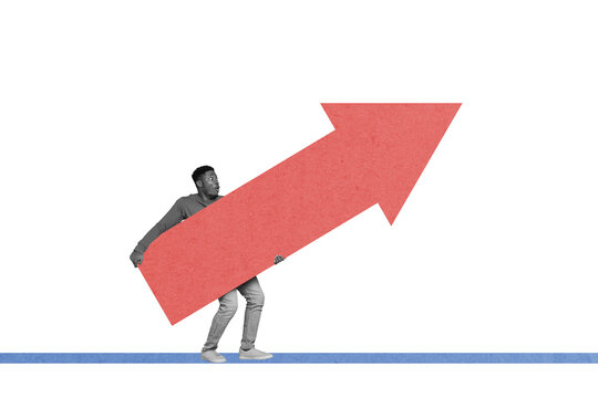 Composite photo collage of astonished american man hold big arrow pointer promotion concept career promotion isolated on painted background